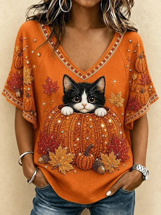 Cora | Halloween Lässiges Katzen-T-Shirt mit V-Ausschnitt und kurzen Ärmeln