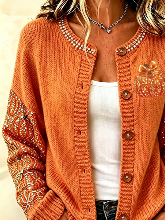 Maria | Langärmliger, bequemer Cardigan mit Halloween-Kürbismuster und Vintage-Print