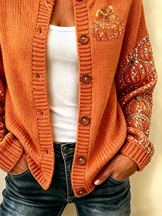Maria | Langärmliger, bequemer Cardigan mit Halloween-Kürbismuster und Vintage-Print