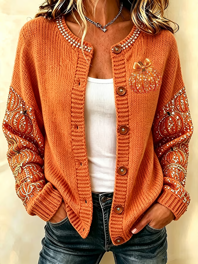 Maria | Langärmliger, bequemer Cardigan mit Halloween-Kürbismuster und Vintage-Print