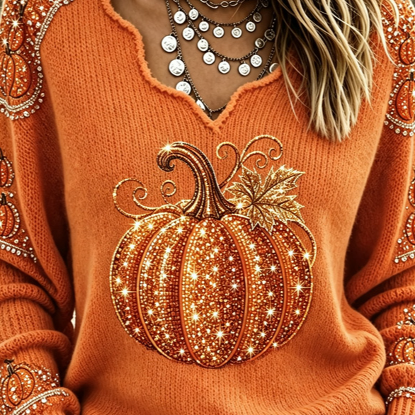 Julia | Halloween-Vintage-Kürbismuster-Langarm-T-Shirt mit V-Ausschnitt
