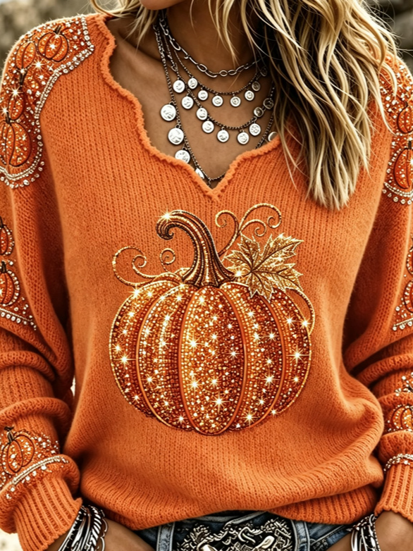 Julia | Halloween-Vintage-Kürbismuster-Langarm-T-Shirt mit V-Ausschnitt