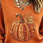 Julia | Halloween-Vintage-Kürbismuster-Langarm-T-Shirt mit V-Ausschnitt