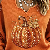 Julia | Halloween-Vintage-Kürbismuster-Langarm-T-Shirt mit V-Ausschnitt