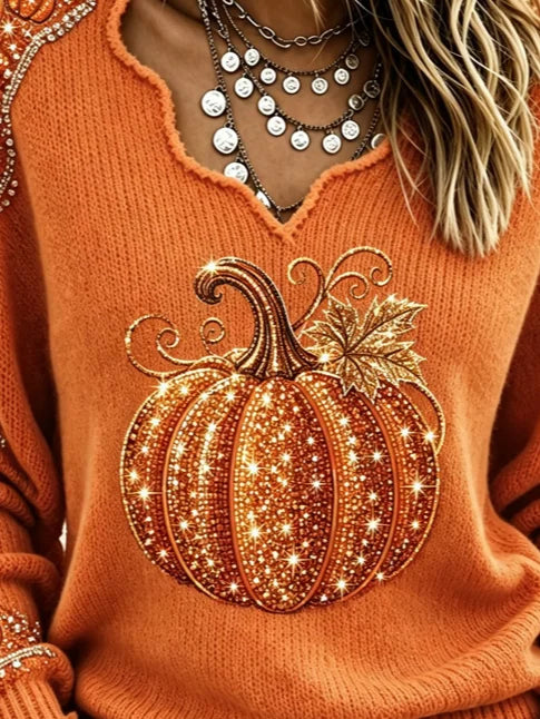 Julia | Halloween-Vintage-Kürbismuster-Langarm-T-Shirt mit V-Ausschnitt