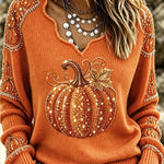 Julia | Halloween-Vintage-Kürbismuster-Langarm-T-Shirt mit V-Ausschnitt