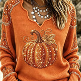 Julia | Halloween-Vintage-Kürbismuster-Langarm-T-Shirt mit V-Ausschnitt