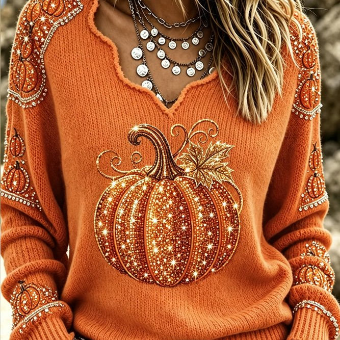 Julia | Halloween-Vintage-Kürbismuster-Langarm-T-Shirt mit V-Ausschnitt