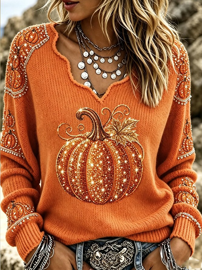 Julia | Halloween-Vintage-Kürbismuster-Langarm-T-Shirt mit V-Ausschnitt