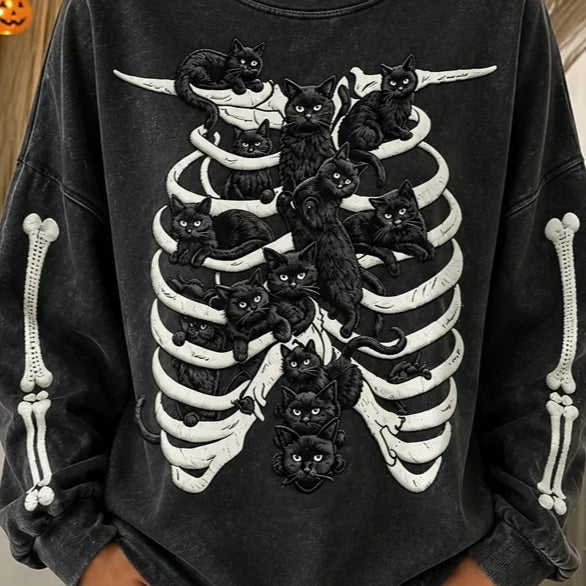 Maeve | Halloween Lässiges Katzen-Langarm-Sweatshirt mit Rundhalsausschnitt