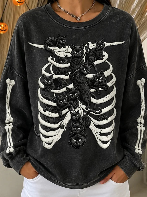 Maeve | Halloween Lässiges Katzen-Langarm-Sweatshirt mit Rundhalsausschnitt