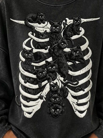 Maeve | Halloween Lässiges Katzen-Langarm-Sweatshirt mit Rundhalsausschnitt