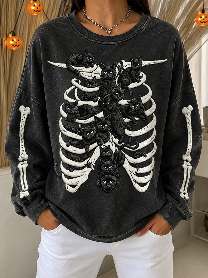 Maeve | Halloween Lässiges Katzen-Langarm-Sweatshirt mit Rundhalsausschnitt