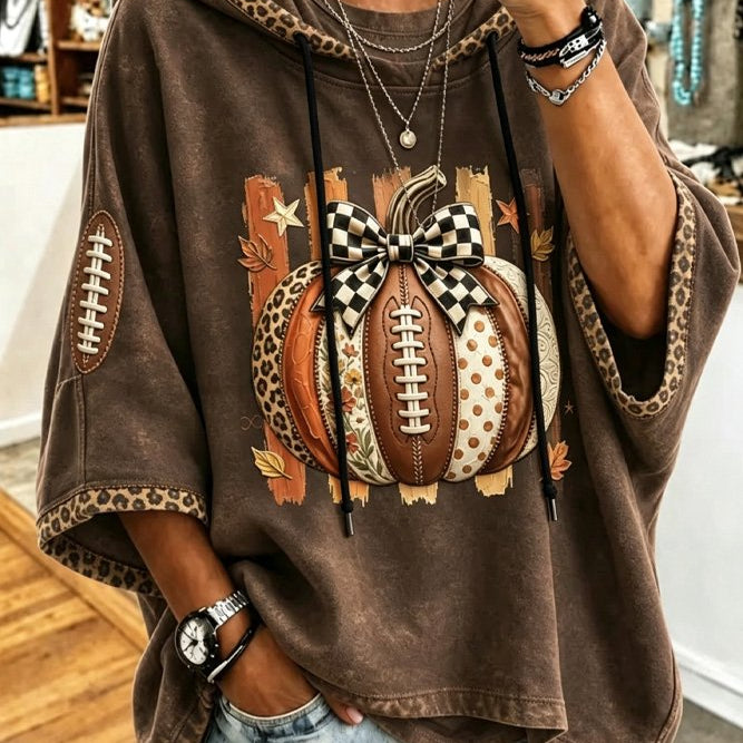 Jessica | Halloween Lässiger Kapuzenpullover mit Kürbismuster, halbarm