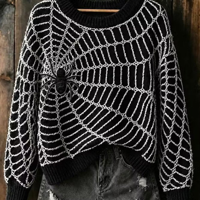 Jocelyn | Halloween Lässiges Spinnennetz-Muster Rundhals-Langarm-Sweatshirt