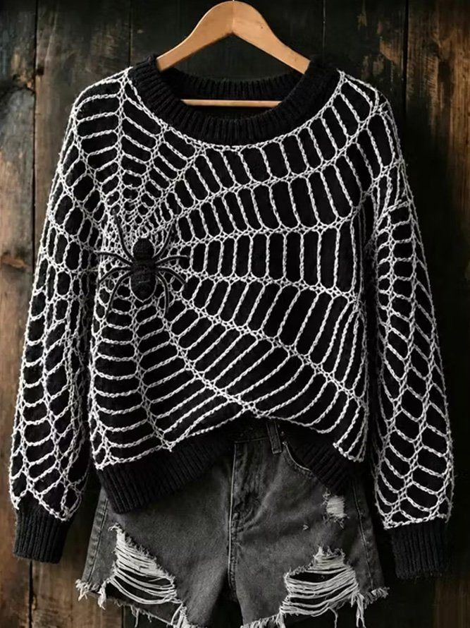 Jocelyn | Halloween Lässiges Spinnennetz-Muster Rundhals-Langarm-Sweatshirt