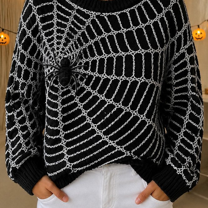 Jocelyn | Halloween Lässiges Spinnennetz-Muster Rundhals-Langarm-Sweatshirt