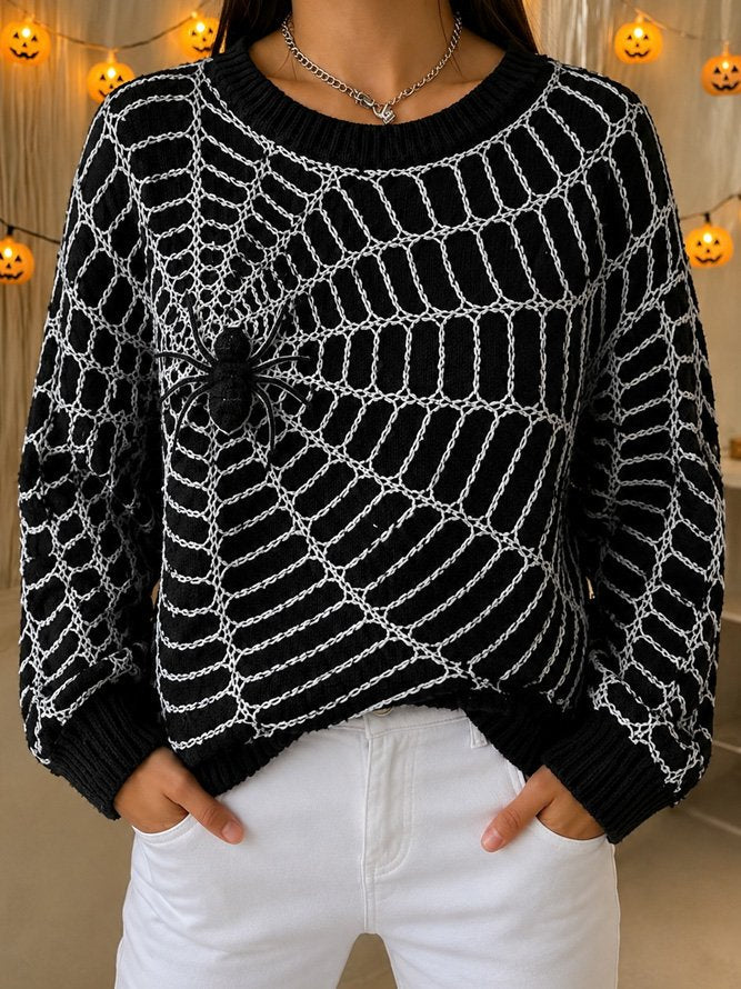 Jocelyn | Halloween Lässiges Spinnennetz-Muster Rundhals-Langarm-Sweatshirt