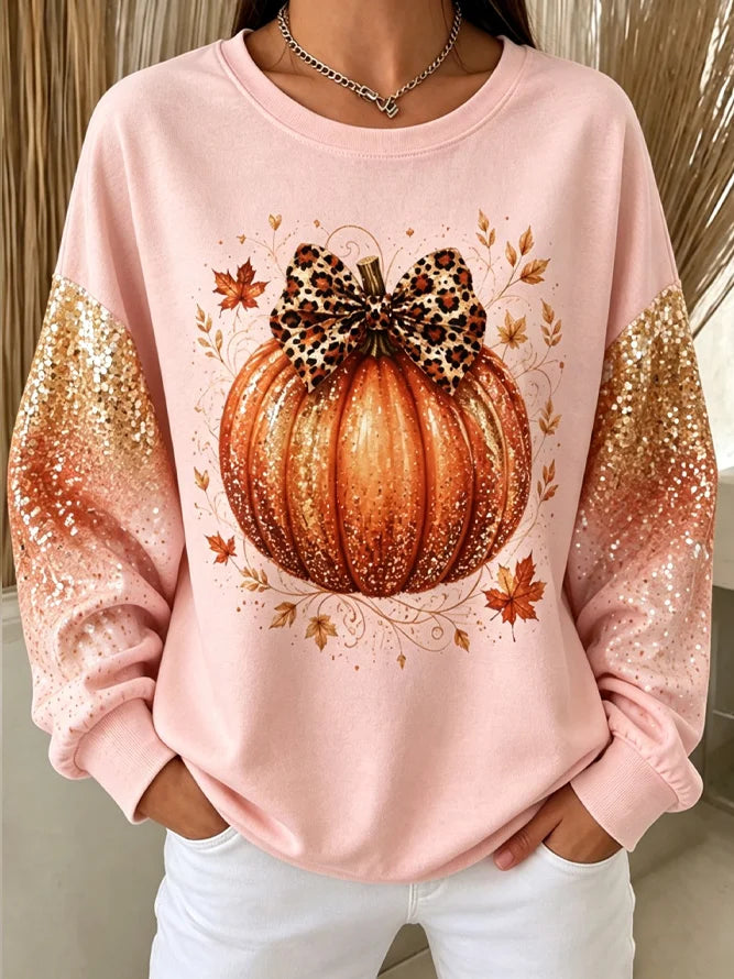 Eva | Vielseitiges Halloween-Sweatshirt mit lässiger Schleife, Kürbis-Grafik