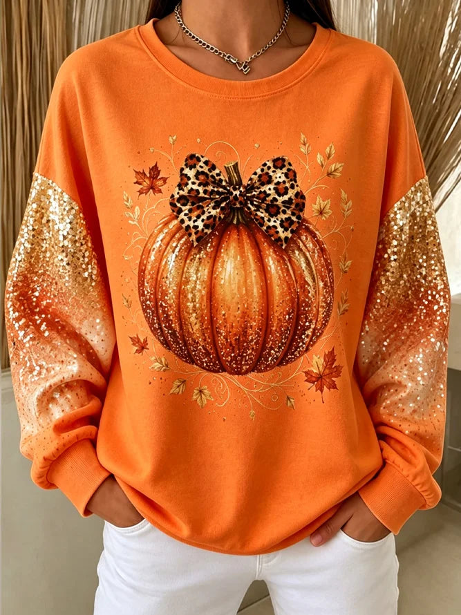 Eva | Vielseitiges Halloween-Sweatshirt mit lässiger Schleife, Kürbis-Grafik