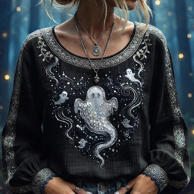 Esther | Halloween-inspiriertes Gothic-Langarm-Top mit schwarzem Geister-Print