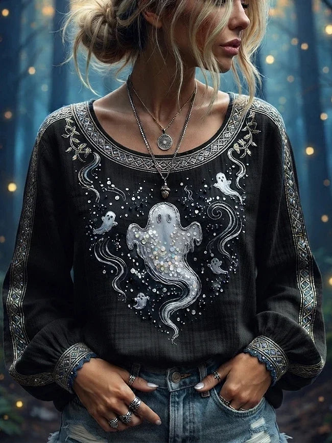 Esther | Halloween-inspiriertes Gothic-Langarm-Top mit schwarzem Geister-Print