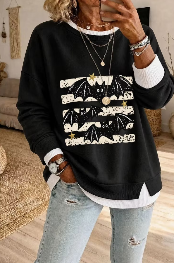Jolene | Halloween-Sweatshirt mit gefälschtem zweiteiligem mehrlagigem Fledermausmuster