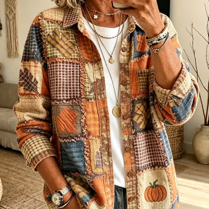 Joana | Halloween Lässiges Herbst-Patchwork-Kürbis-Print-Cord-Langarmshirt