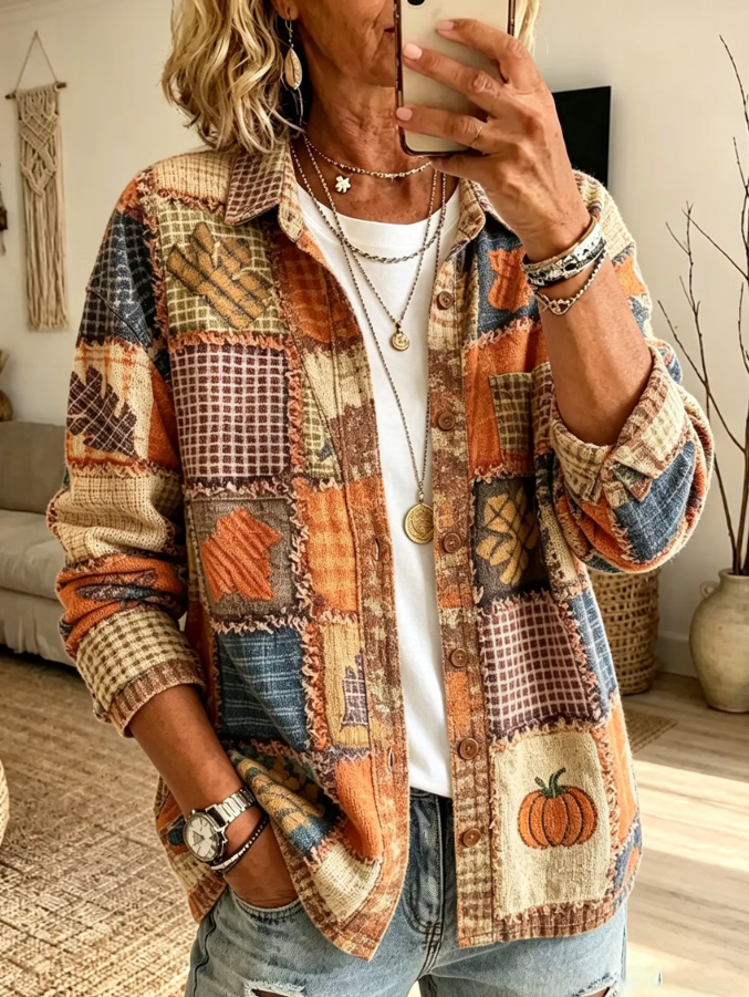 Joana | Halloween Lässiges Herbst-Patchwork-Kürbis-Print-Cord-Langarmshirt