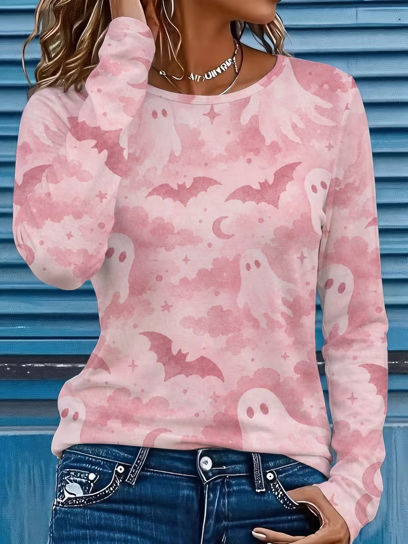 Amara | Halloween-inspiriertes Langarm-T-Shirt mit Rundhalsausschnitt