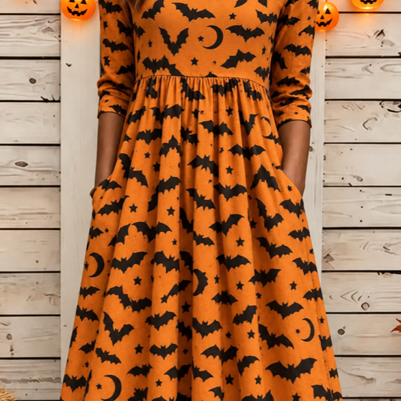 Summer | Halloween-inspiriertes Sommerkleid, Rundhalsausschnitt, halbe Ärmel, T-Shirt-Kleid, A-Linien-Kleid