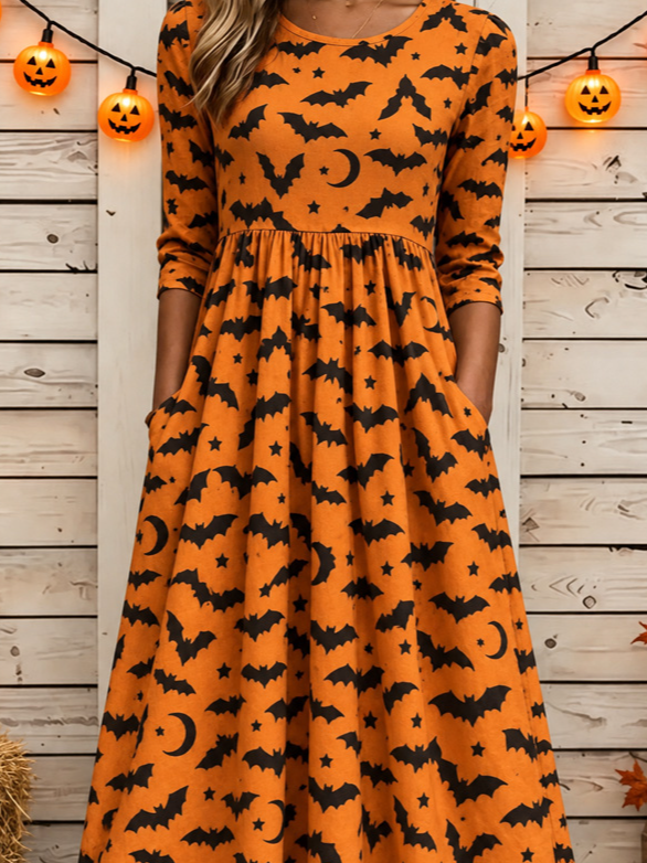 Summer | Halloween-inspiriertes Sommerkleid, Rundhalsausschnitt, halbe Ärmel, T-Shirt-Kleid, A-Linien-Kleid