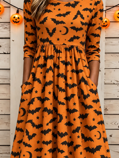 Summer | Halloween-inspiriertes Sommerkleid, Rundhalsausschnitt, halbe Ärmel, T-Shirt-Kleid, A-Linien-Kleid