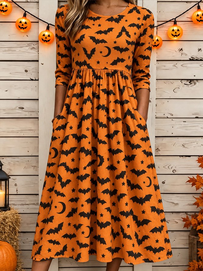 Summer | Halloween-inspiriertes Sommerkleid, Rundhalsausschnitt, halbe Ärmel, T-Shirt-Kleid, A-Linien-Kleid