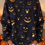 Madeline | Halloween Lässiges Kürbismuster Langarm-Sweatshirt mit Henley-Kragen