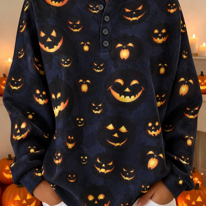 Madeline | Halloween Lässiges Kürbismuster Langarm-Sweatshirt mit Henley-Kragen