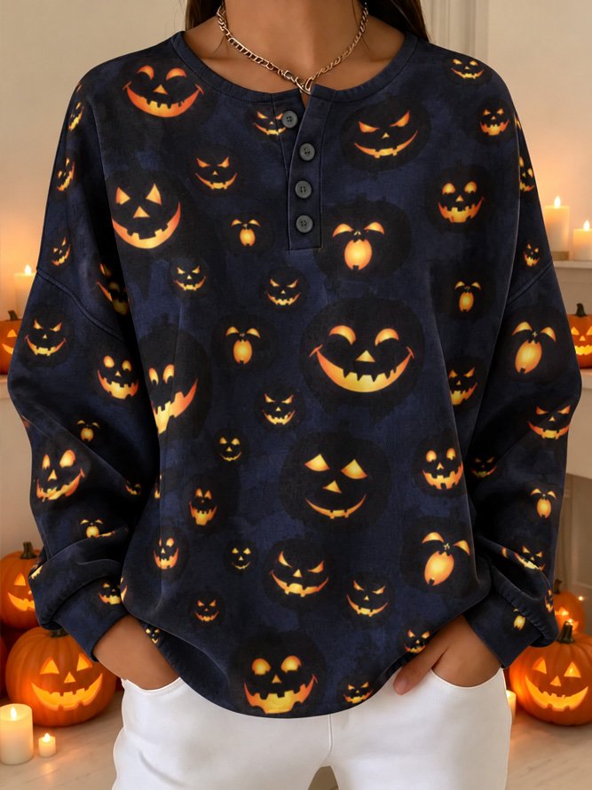 Madeline | Halloween Lässiges Kürbismuster Langarm-Sweatshirt mit Henley-Kragen