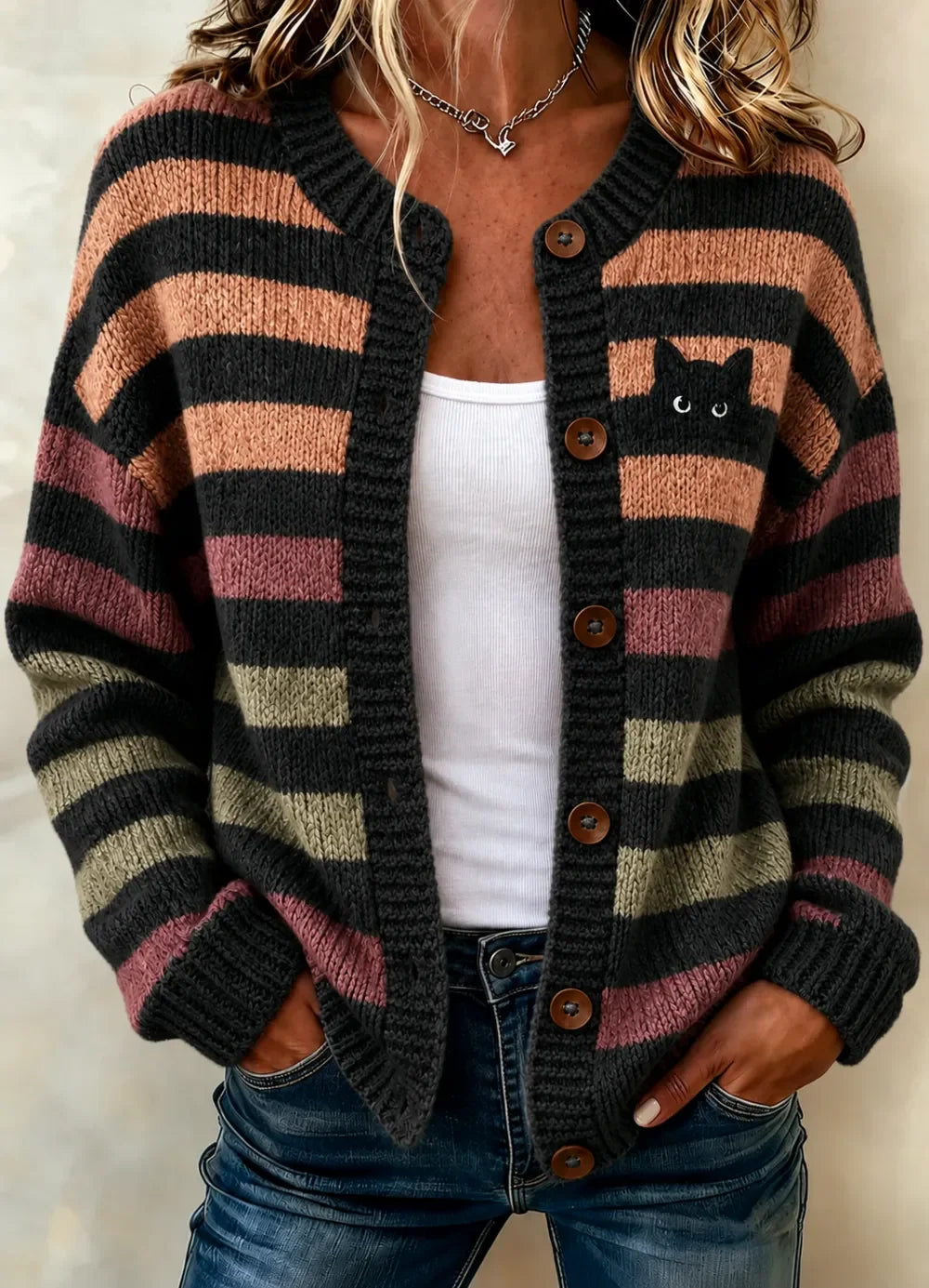 Kendra | Gestreifter Halloween-Cardigan mit langen Ärmeln und bequemem Vintage-Print