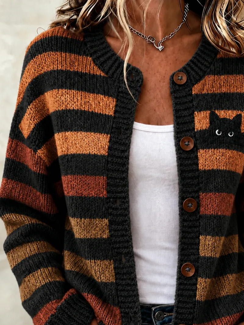 Kendra | Gestreifter Halloween-Cardigan mit langen Ärmeln und bequemem Vintage-Print
