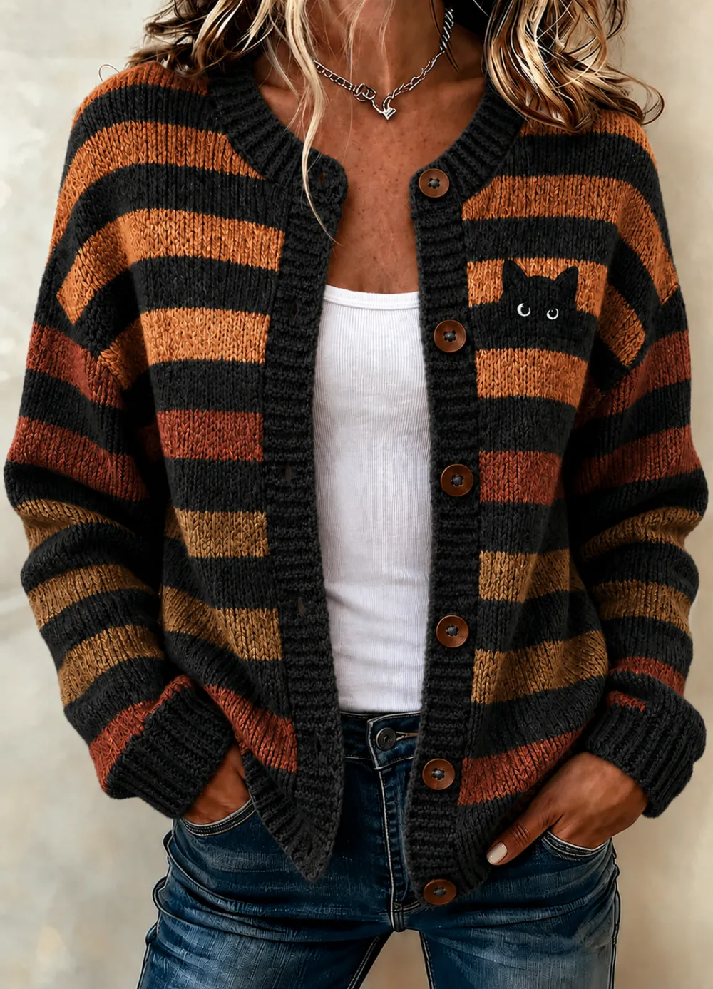 Kendra | Gestreifter Halloween-Cardigan mit langen Ärmeln und bequemem Vintage-Print