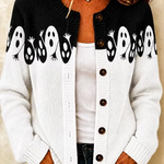 Sloane | Von Halloween inspirierter Retro-Vintage-Strick-Cardigan mit gespenstischen Farbblock-Grafiken und Knöpfen