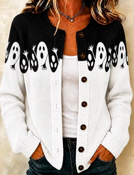 Sloane | Von Halloween inspirierter Retro-Vintage-Strick-Cardigan mit gespenstischen Farbblock-Grafiken und Knöpfen