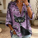 Keira | Retro-Halloween-inspiriertes schwarzes Katzen-Kunstmuster-Shirt
