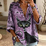 Keira | Retro-Halloween-inspiriertes schwarzes Katzen-Kunstmuster-Shirt
