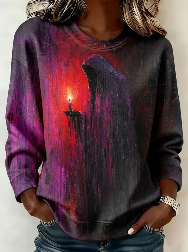 Wren | Retro-Halloween-inspiriertes Geisterkerzen-Horrormuster-Sweatshirt mit Rundhalsausschnitt