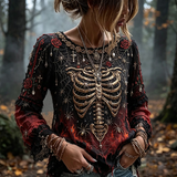 Lena | Von Halloween inspiriertes Totenkopf- und Spinnenkunst-Langarmshirt mit Rundhalsausschnitt und Distressed-Farbverlauf