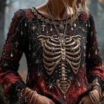 Lena | Von Halloween inspiriertes Totenkopf- und Spinnenkunst-Langarmshirt mit Rundhalsausschnitt und Distressed-Farbverlauf