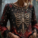 Lena | Von Halloween inspiriertes Totenkopf- und Spinnenkunst-Langarmshirt mit Rundhalsausschnitt und Distressed-Farbverlauf