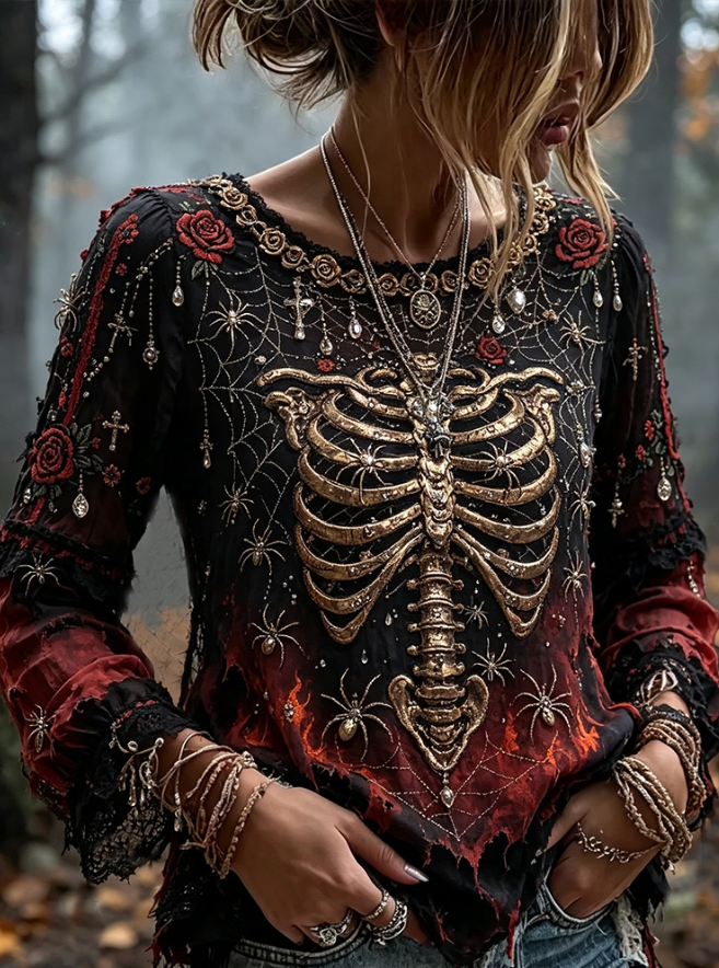 Lena | Von Halloween inspiriertes Totenkopf- und Spinnenkunst-Langarmshirt mit Rundhalsausschnitt und Distressed-Farbverlauf