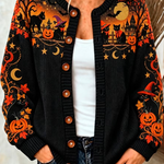 Leona | Von Halloween inspirierter Strick-Cardigan mit schwarzem Katzen- und Kürbis-Kunstmuster